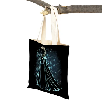 Черная хозяйственная сумка принцессы, мультяшная детская сумочка с двойным принтом, женские сумки для покупок, складная Холщовая Сказочная дорожная сумка для женщин