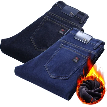 Зимние новые мужские теплые плотные деловые джинсы классического стиля, черные синие хлопчатобумажные Прямые джинсовые брюки, мужские брендовые флисовые брюки