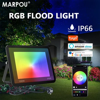 MARPOU LED 220V Tuya intelligent RGB spotlight наружное освещение 30 Вт 50 Вт 100 Вт регулируемый свет с голосовым управлением, прожектор