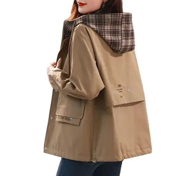 Осенний женский тренч 2023, Новая Корейская мода, Короткая ветровка с капюшоном, Женская Свободная Повседневная верхняя одежда с длинными рукавами, пальто для женщин