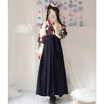 Кимоно в японском стиле для девочек, Юката, вечернее платье с длинным рукавом, Женские цветочные Самурайские топы, халаты, пояс с бантом, юбка, комплект одежды Haori