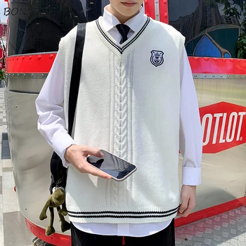 Свитер без рукавов жилет мужской V-образным вырезом лоскутное свободные опрятный студентов классической вышивкой Весна вязаный джемпер корейская мода ретро