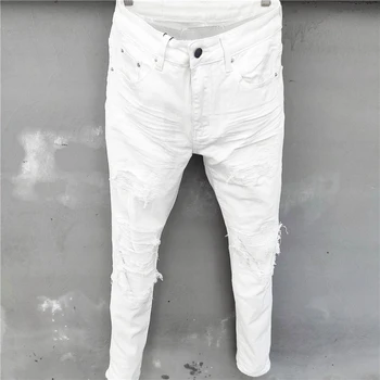 Высокие уличные белые джинсы с заплаткой на дырке, эластичные Облегающие плиссированные мужские джинсы, обтягивающие однотонные высококачественные джинсовые брюки модного бренда