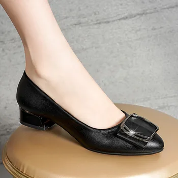 Весенне-осенняя новая женская обувь на мелком каблуке, толстом каблуке, большая рабочая обувь, модные женские тонкие туфли с круглым носком