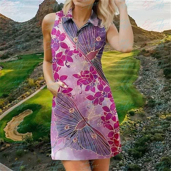 Летнее женское платье для гольфа с цветочным принтом, модное платье без рукавов, повседневное платье для занятий спортом, дышащее быстросохнущее платье