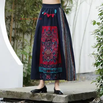 2023 восточные женщины harajuku винтажная длинная юбка в китайском этническом стиле хлопчатобумажная льняная юбка в национальном ретро стиле с цветочной вышивкой